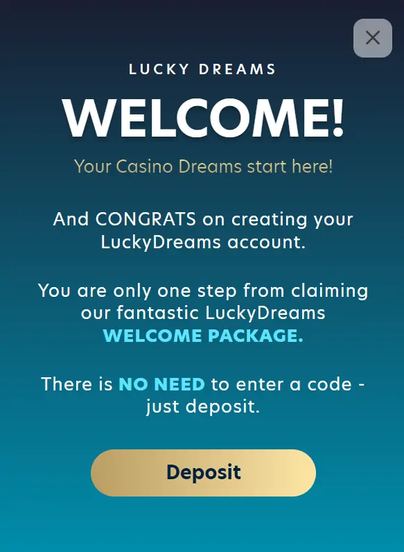 Welcome Message after Lucky Dreams Casino Login